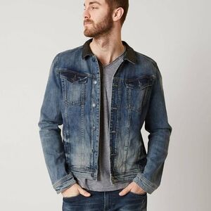 Men's L Denim Trucker Leather Collar Jacket Blue